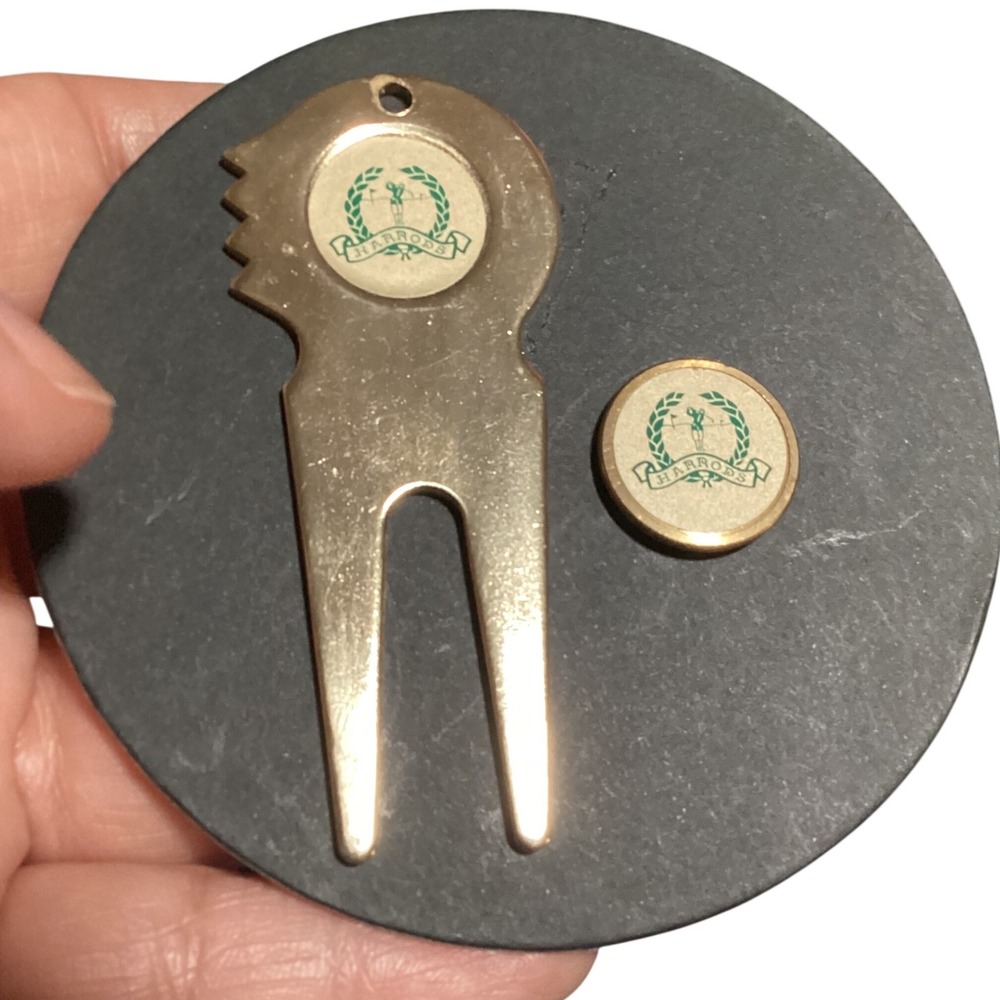Vintage Harrods Golf Divot Tool Ball Marker Set Brass Head Style